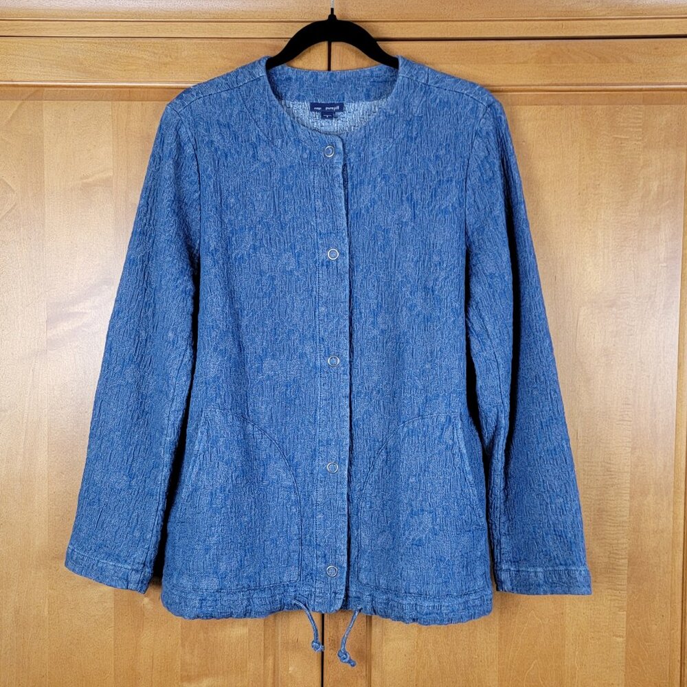 J.Jill Indigo Cinch Hem Textured Cotton Snap Front Jacket with Pockets - S